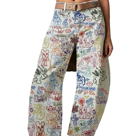 Crayon Drawing Baggy Wide Leg Barrel Horseshoe Jeans Pants - Picture 1 of 3